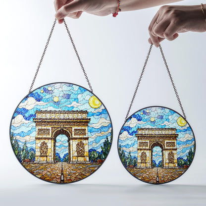 Stained Glass Arc de Triomphe Suncatcher with Vibrant Sky Art Handmade Gift for Architecture Lovers