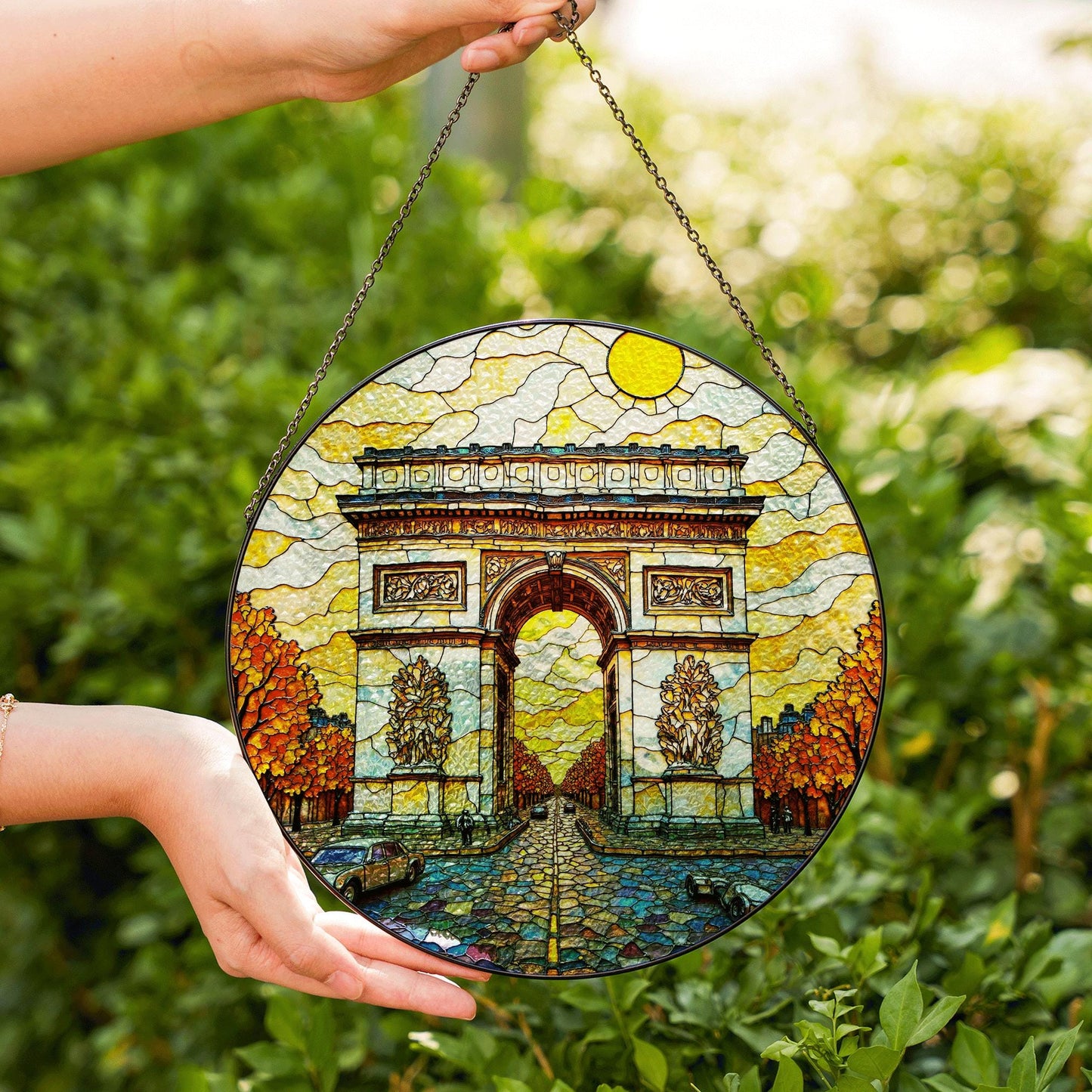 Stained Glass Arc de Triomphe Suncatcher Handmade Window Decor Paris Artwork Gift for Home Lovers