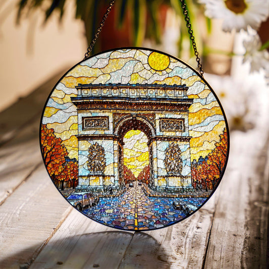Stained Glass Arc de Triomphe Suncatcher Handmade Window Decor Paris Artwork Gift for Home Lovers