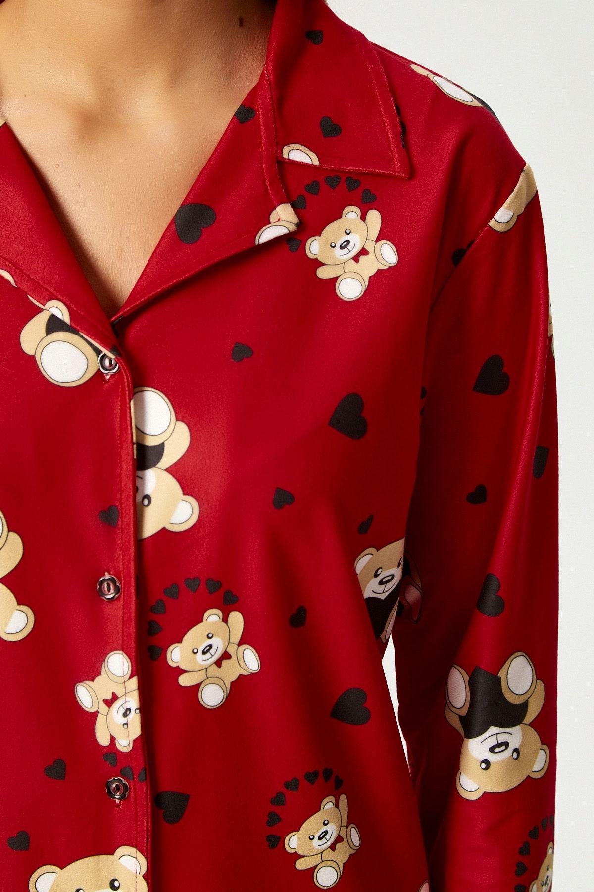 Women's Red Teddy Bear Pajama Set – Cute & Cozy Sleepwear, Soft Button-Up Nightwear, Comfortable Loungewear for Home Relaxation