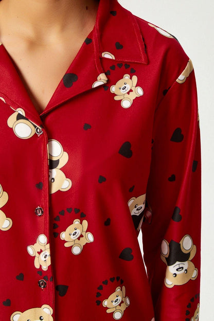 Women's Red Teddy Bear Pajama Set – Cute & Cozy Sleepwear, Soft Button-Up Nightwear, Comfortable Loungewear for Home Relaxation