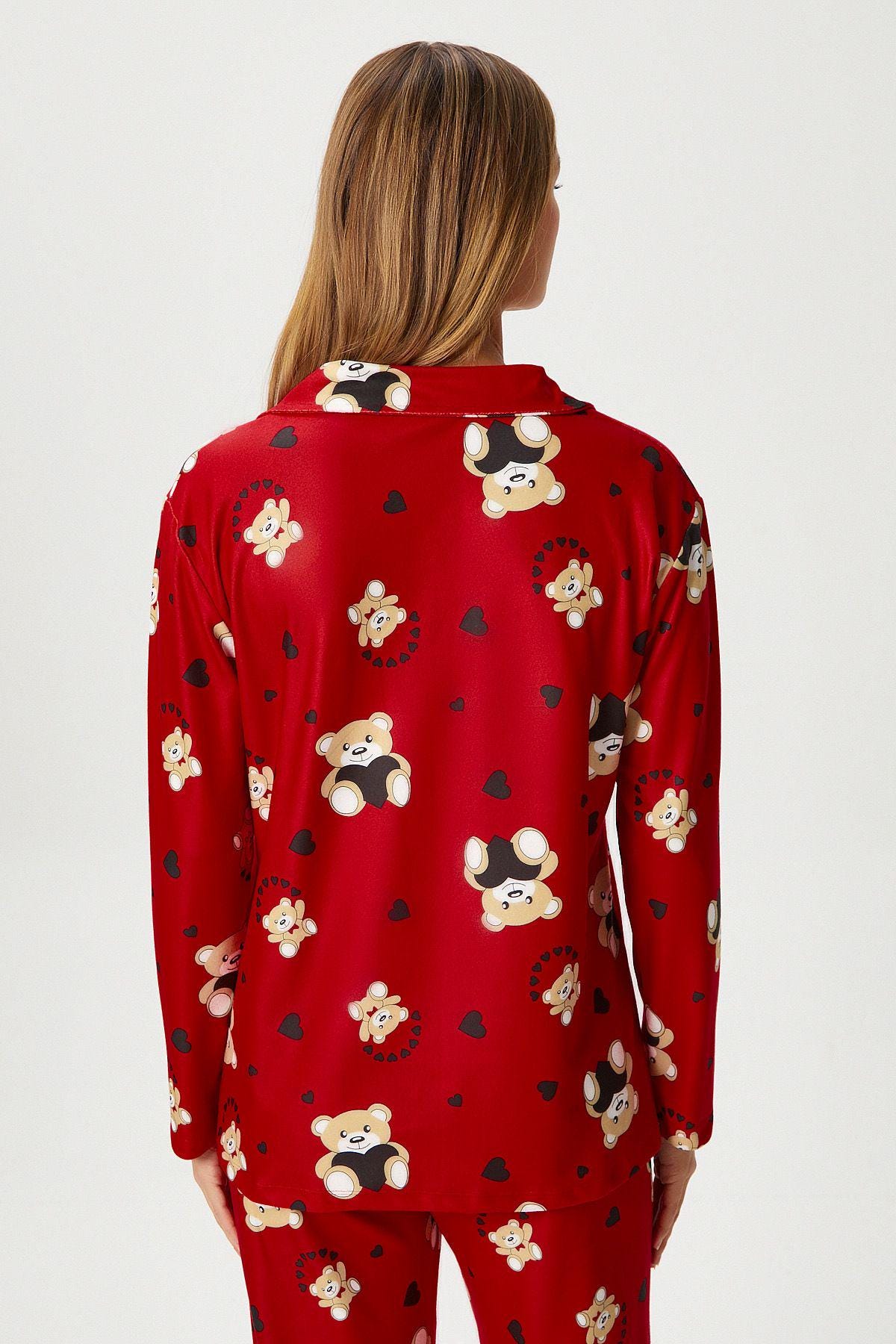 Women's Red Teddy Bear Pajama Set – Cute & Cozy Sleepwear, Soft Button-Up Nightwear, Comfortable Loungewear for Home Relaxation