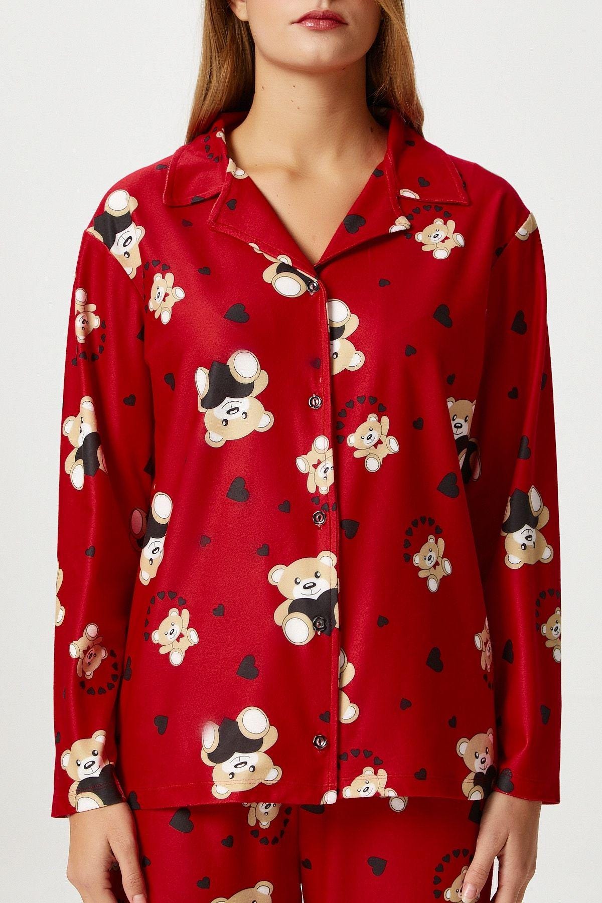 Women's Red Teddy Bear Pajama Set – Cute & Cozy Sleepwear, Soft Button-Up Nightwear, Comfortable Loungewear for Home Relaxation