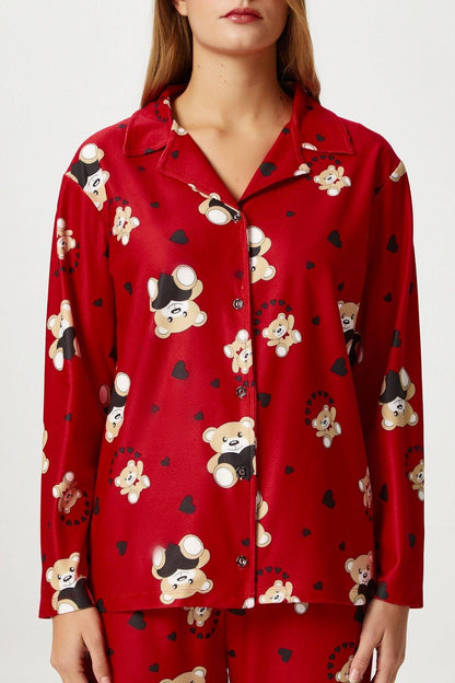 Women's Red Teddy Bear Pajama Set – Cute & Cozy Sleepwear, Soft Button-Up Nightwear, Comfortable Loungewear for Home Relaxation