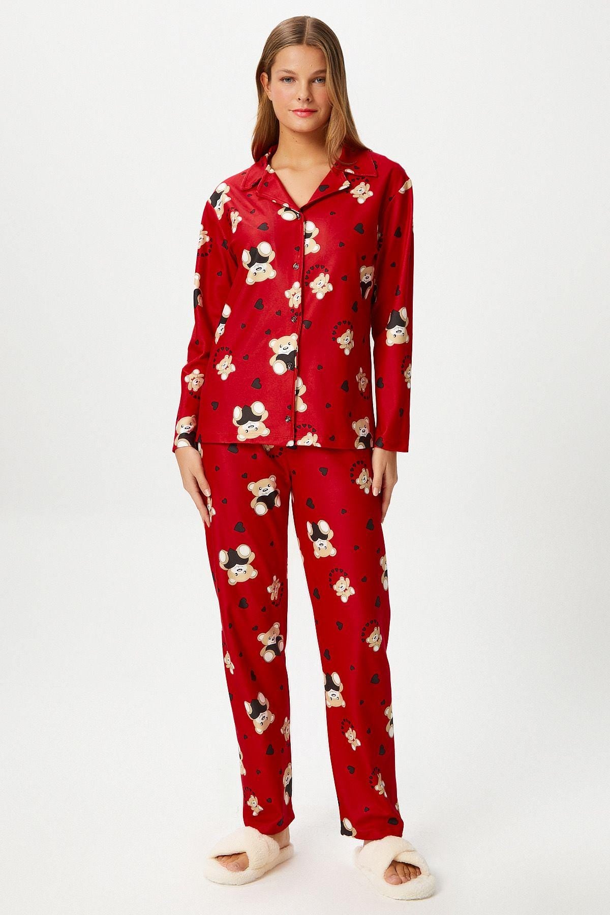 Women's Red Teddy Bear Pajama Set – Cute & Cozy Sleepwear, Soft Button-Up Nightwear, Comfortable Loungewear for Home Relaxation