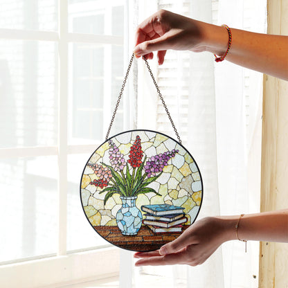 Stained Glass Vase with Flowers Suncatcher Window Decor Gift for Book Lovers