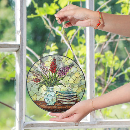 Stained Glass Vase with Flowers Suncatcher Window Decor Gift for Book Lovers