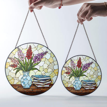 Stained Glass Vase with Flowers Suncatcher Window Decor Gift for Book Lovers