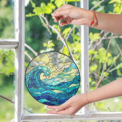Wave Stained Glass Suncatcher Blue Ocean Design Handmade Gift for Ocean Lovers Beach Decor