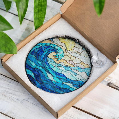 Wave Stained Glass Suncatcher Blue Ocean Design Handmade Gift for Ocean Lovers Beach Decor