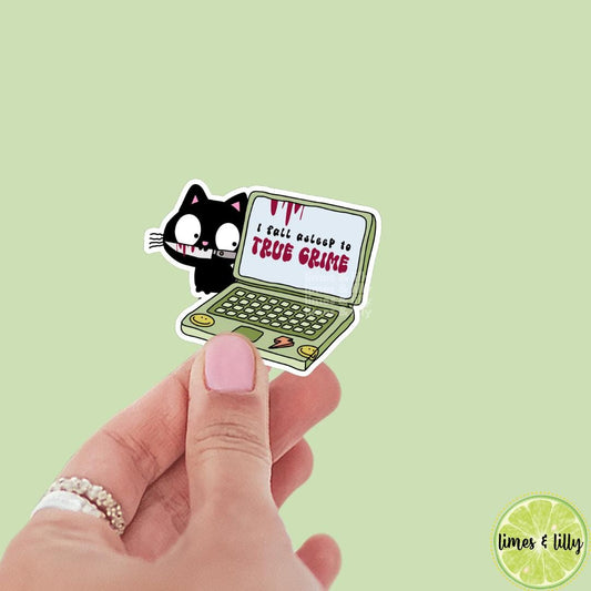 I Fall Asleep to True Crime Cat Laptop Vinyl Sticker | Kindle Stickers | Bookish Stickers | Water Bottle Stickers