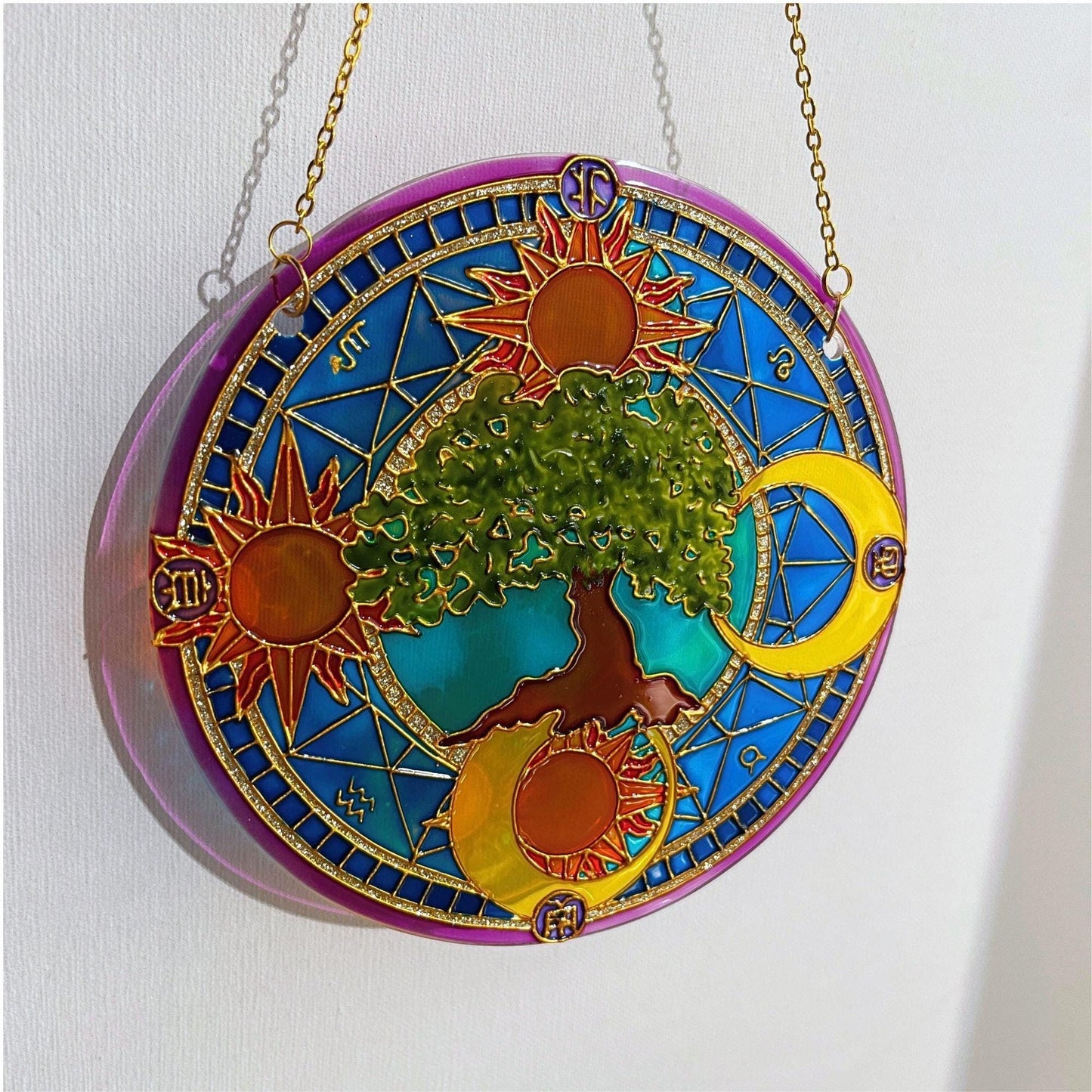 Symbols Tree of life Sun Moon Shine Suncatcher for window Zodiac gift Gold living room decor Stained glass painting