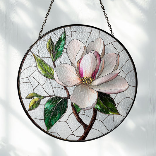 Magnolia Stained Glass Window Hanging, Elegant Floral Decor for Car or Home, Nature-Inspired Flower Design