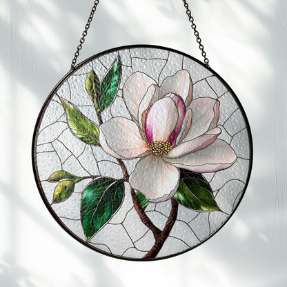 Magnolia Stained Glass Window Hanging, Elegant Floral Decor for Car or Home, Nature-Inspired Flower Design