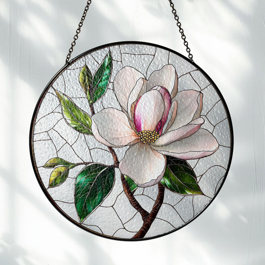Magnolia Stained Glass Window Hanging, Elegant Floral Decor for Car or Home, Nature-Inspired Flower Design