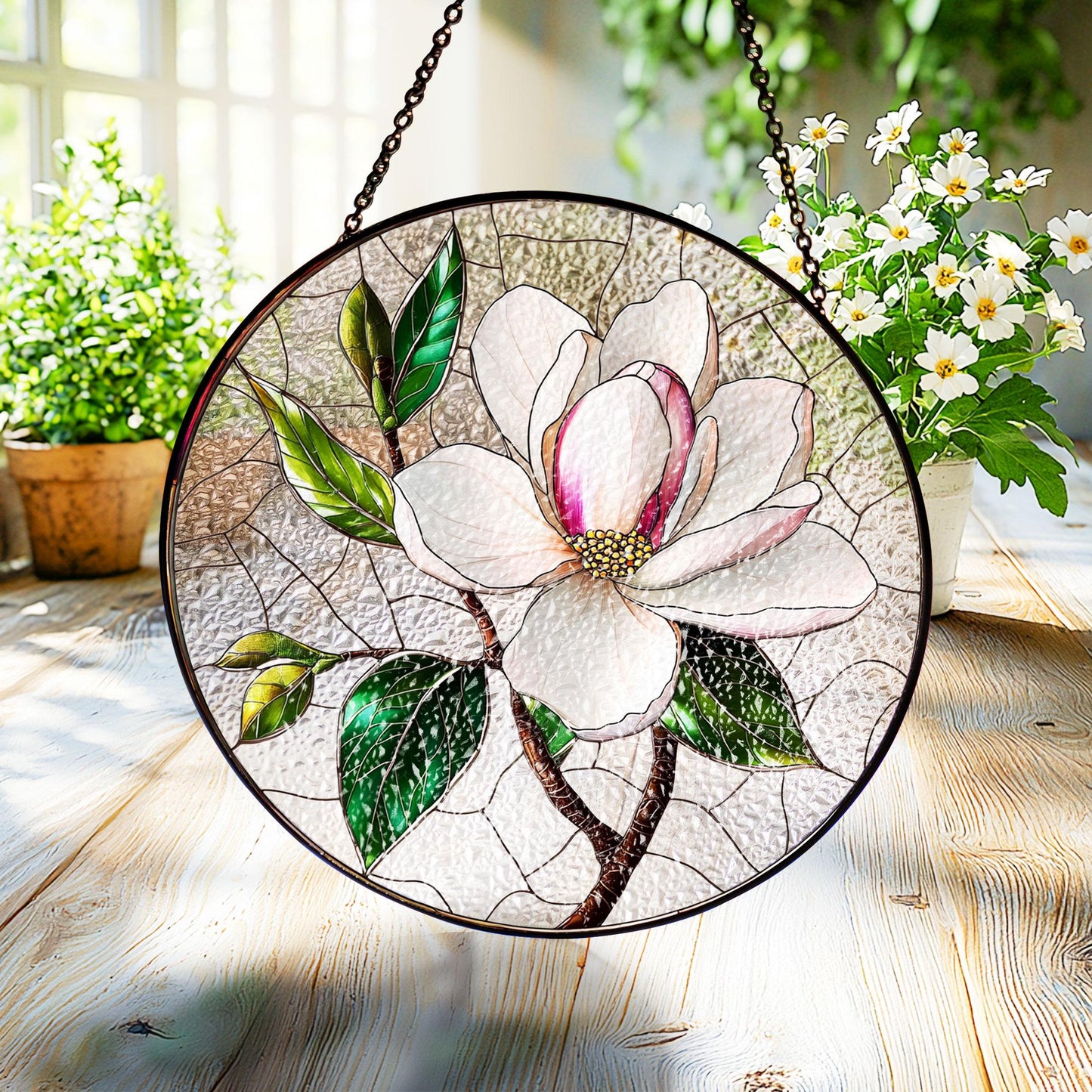 Magnolia Stained Glass Window Hanging, Elegant Floral Decor for Car or Home, Nature-Inspired Flower Design