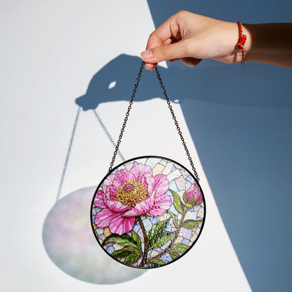 Pink Peony Stained Glass Suncatcher Handcrafted Floral Sun Catcher Gift for Mother's Day