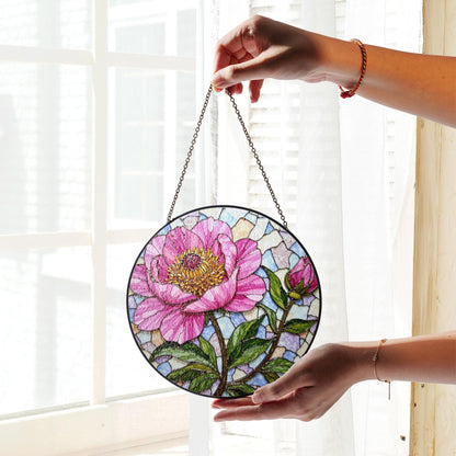Pink Peony Stained Glass Suncatcher Handcrafted Floral Sun Catcher Gift for Mother's Day