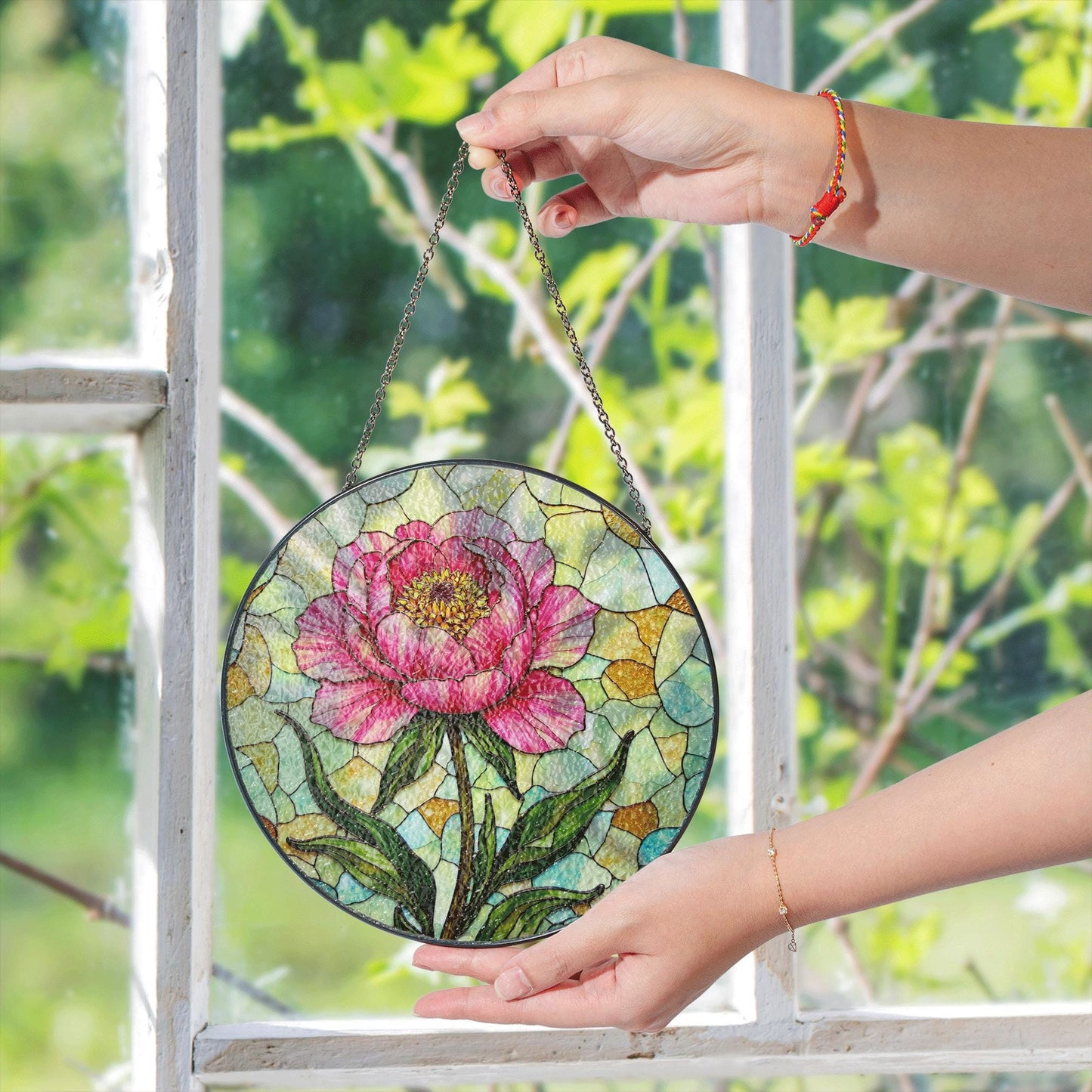 Stained Glass Peony Flower Suncatcher Sun Catcher for Home Decor Gift for Mom or Flower Lovers
