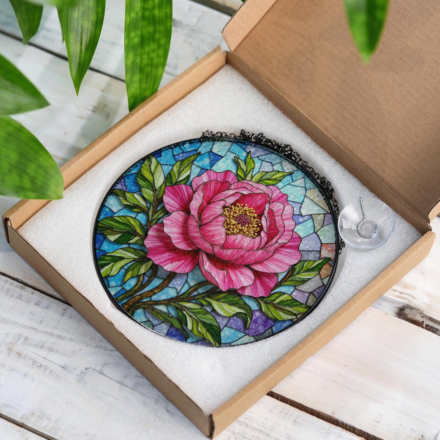 Pink Peony Stained Glass Suncatcher for Window Beautiful Floral Gift for Mother or Friend