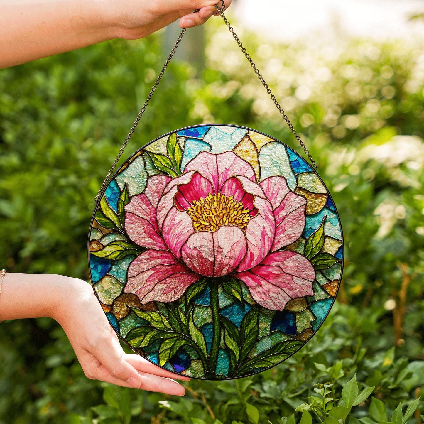 Peony Flower Stained Glass Suncatcher Hanging Window Art Home Decor Gift for Her