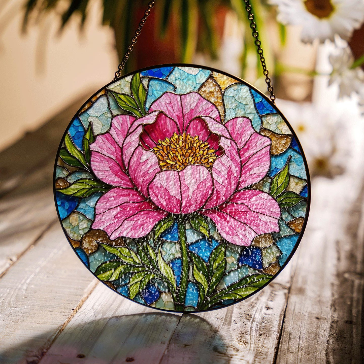 Peony Flower Stained Glass Suncatcher Hanging Window Art Home Decor Gift for Her