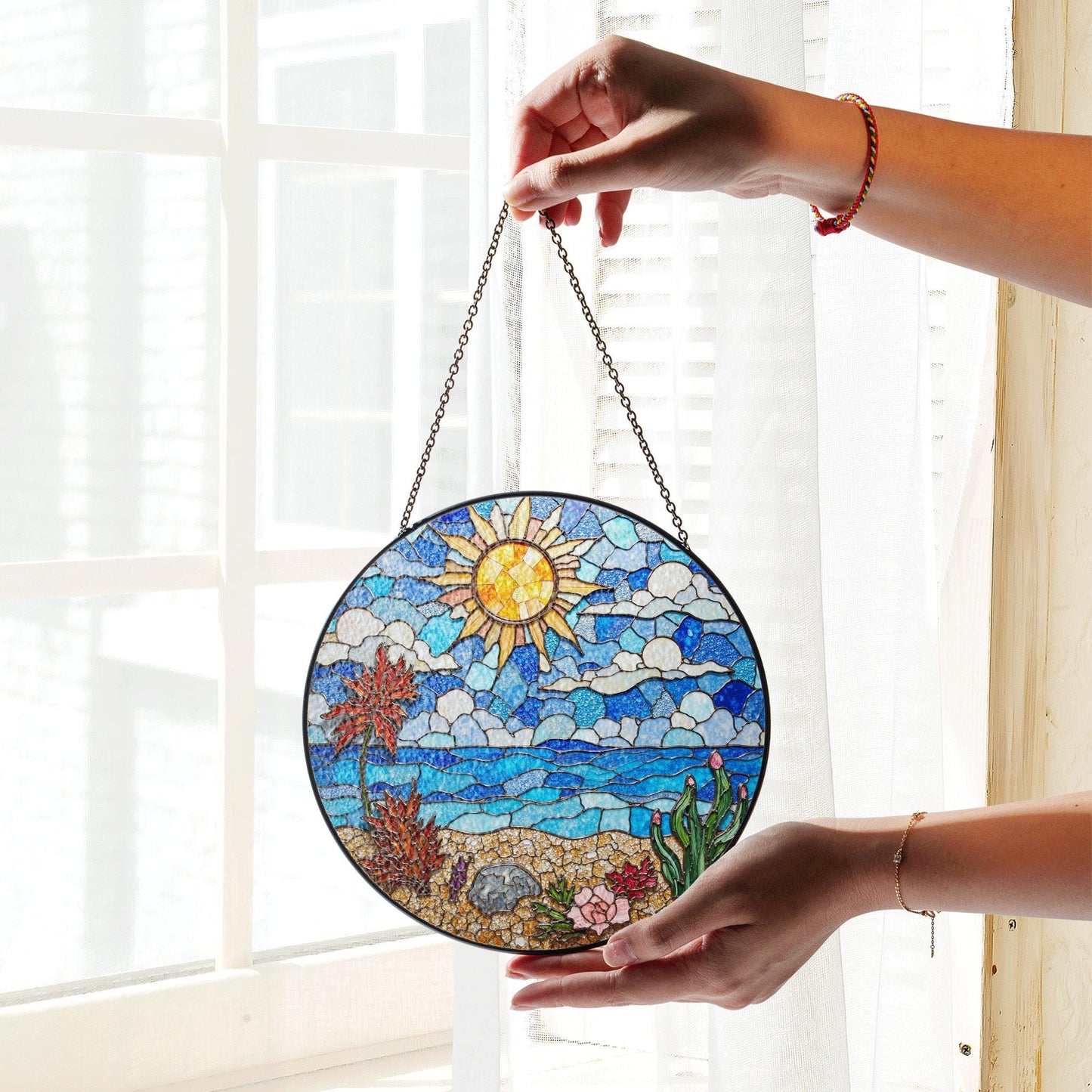 Stained Glass Beach Landscape Sun Catcher Ocean Sun Clouds Palm Trees Gift for Nature Lovers