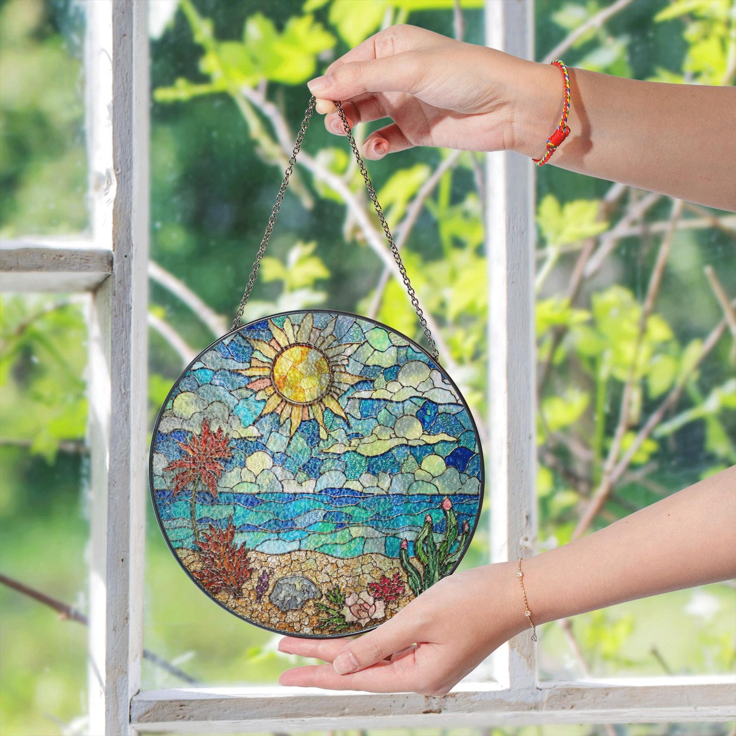 Stained Glass Beach Landscape Sun Catcher Ocean Sun Clouds Palm Trees Gift for Nature Lovers