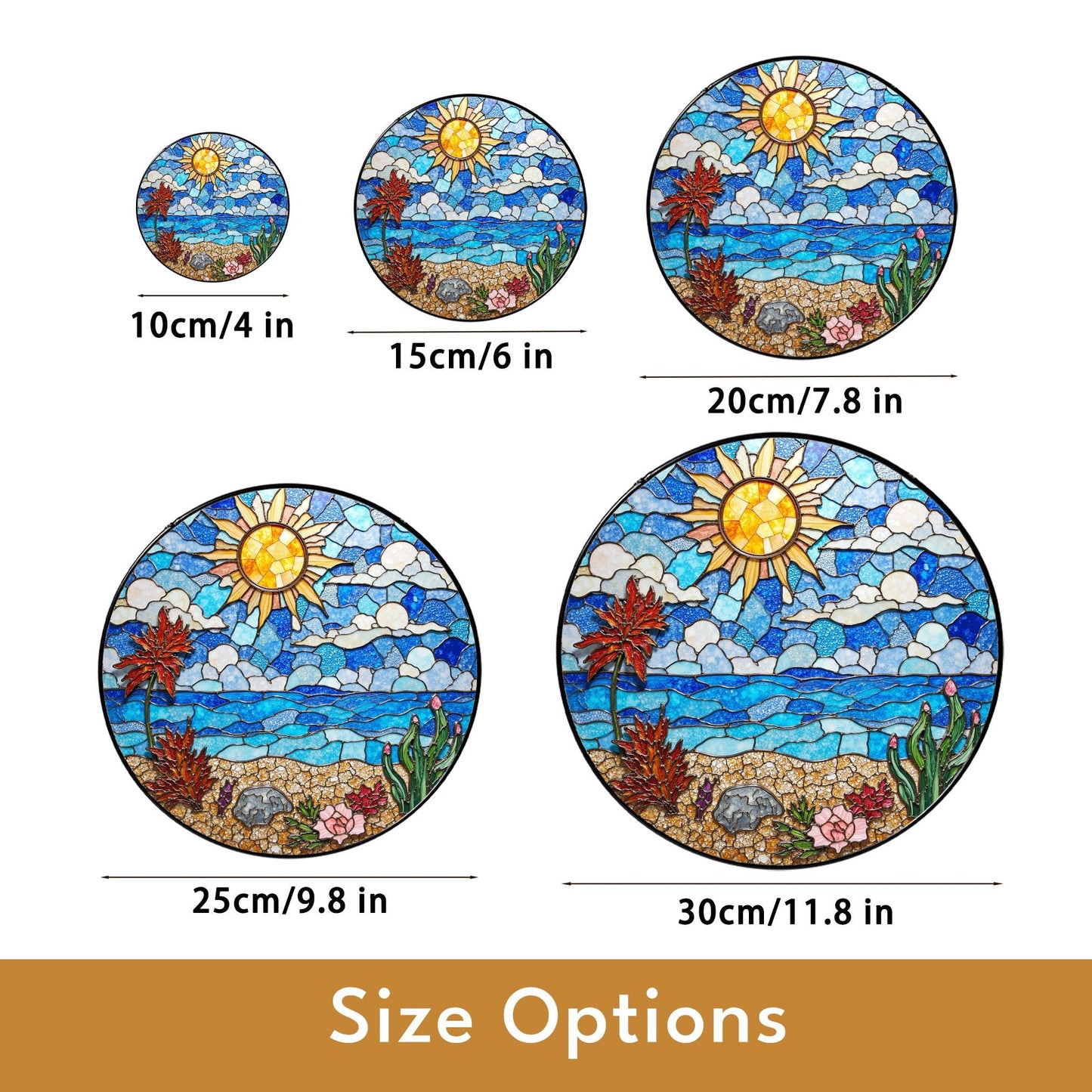 Stained Glass Beach Landscape Sun Catcher Ocean Sun Clouds Palm Trees Gift for Nature Lovers