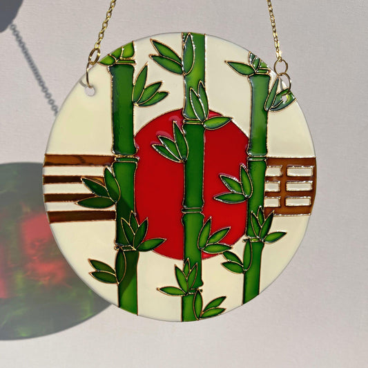 Vitrail suncatcher "Bamboo and sun" Minimalist window decor in japanese style Stained glass painting