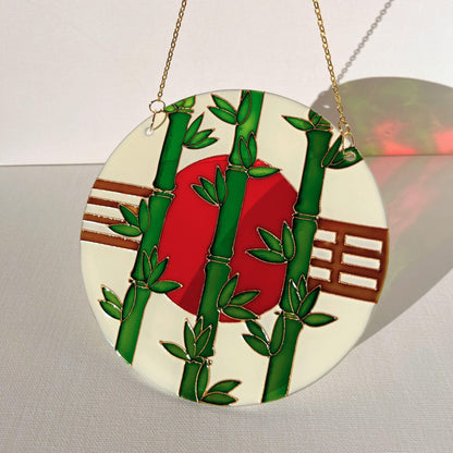 Vitrail suncatcher "Bamboo and sun" Minimalist window decor in japanese style Stained glass painting