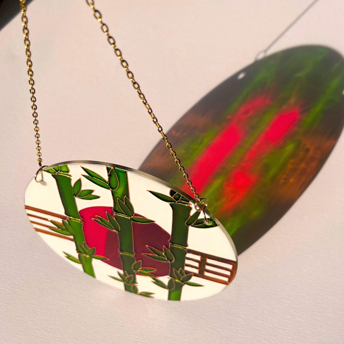 Vitrail suncatcher "Bamboo and sun" Minimalist window decor in japanese style Stained glass painting