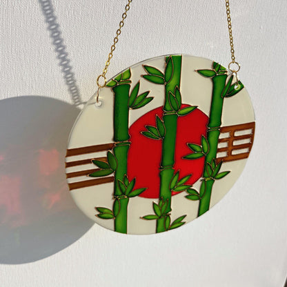 Vitrail suncatcher "Bamboo and sun" Minimalist window decor in japanese style Stained glass painting