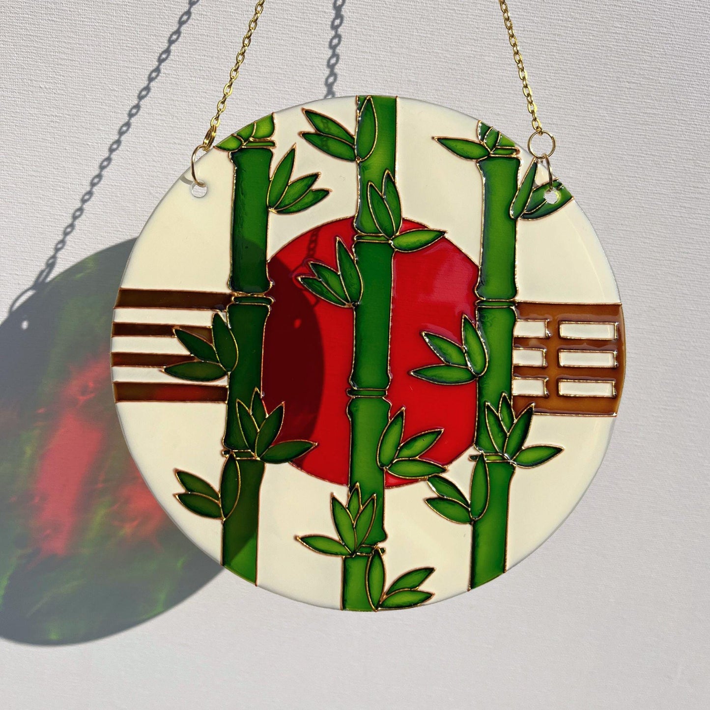 Vitrail suncatcher "Bamboo and sun" Minimalist window decor in japanese style Stained glass painting