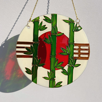 Vitrail suncatcher "Bamboo and sun" Minimalist window decor in japanese style Stained glass painting