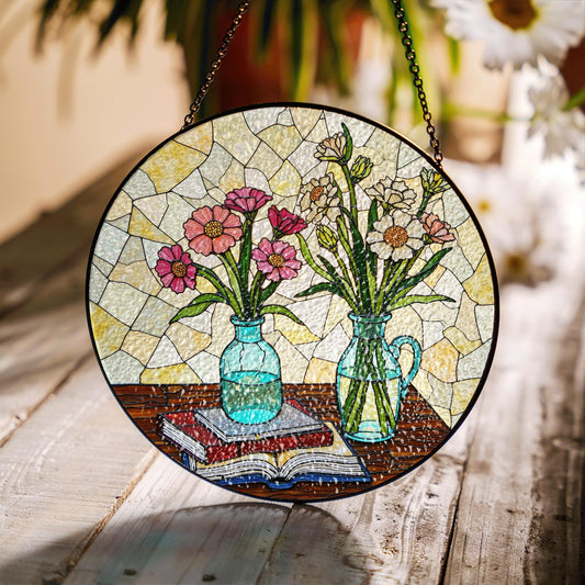 Stained Glass Flower Suncatcher Vintage Vases Nature Home Decor Gift for Her