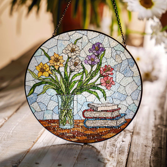 Stained Glass Flowers Suncatcher Vintage Vase Hanging Window Art Gift for Home Decoration