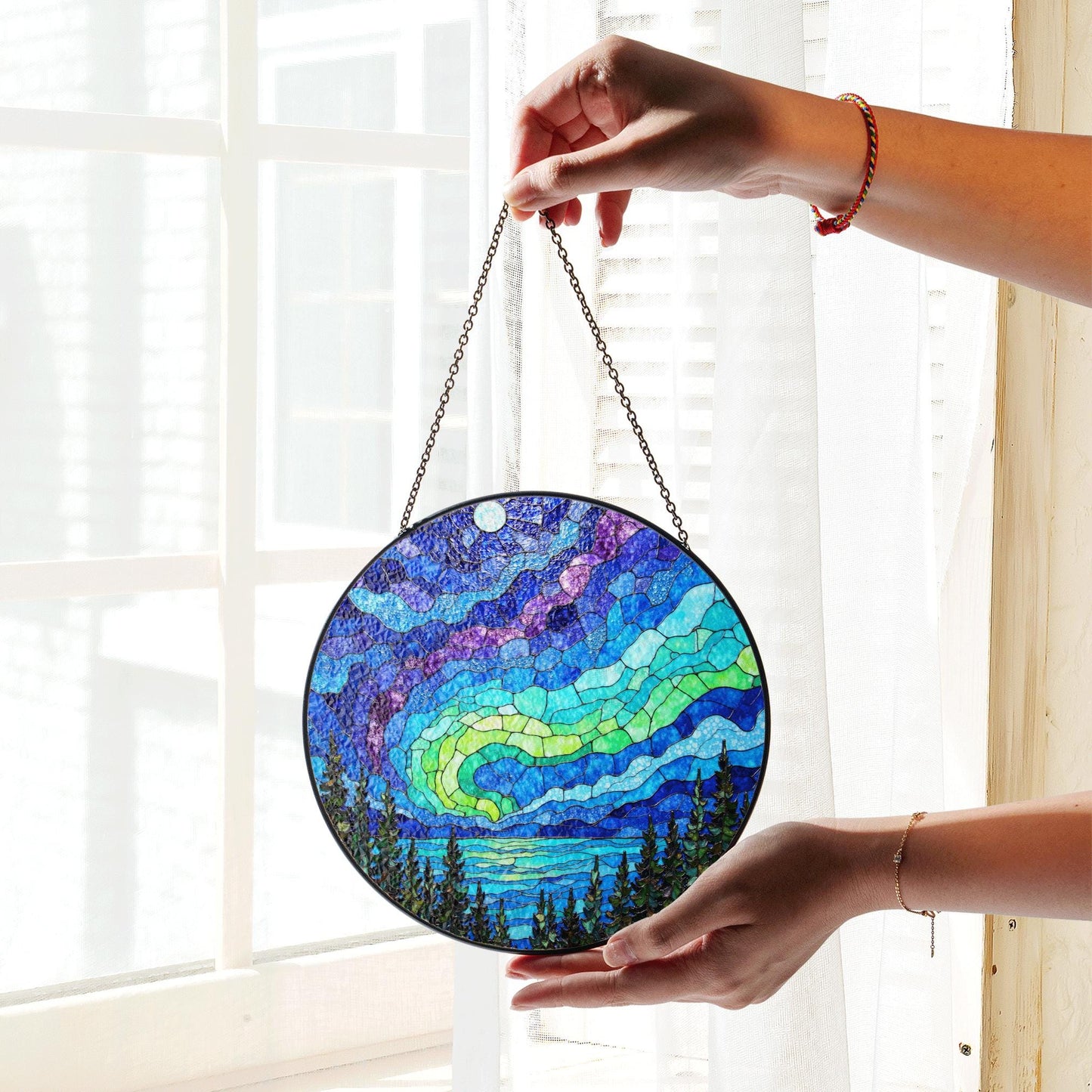Northern Lights Stained Glass Suncatcher Beautiful Nature Design Window Decor Gift for Nature Lovers