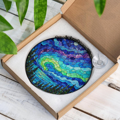 Northern Lights Stained Glass Suncatcher Beautiful Nature Design Window Decor Gift for Nature Lovers