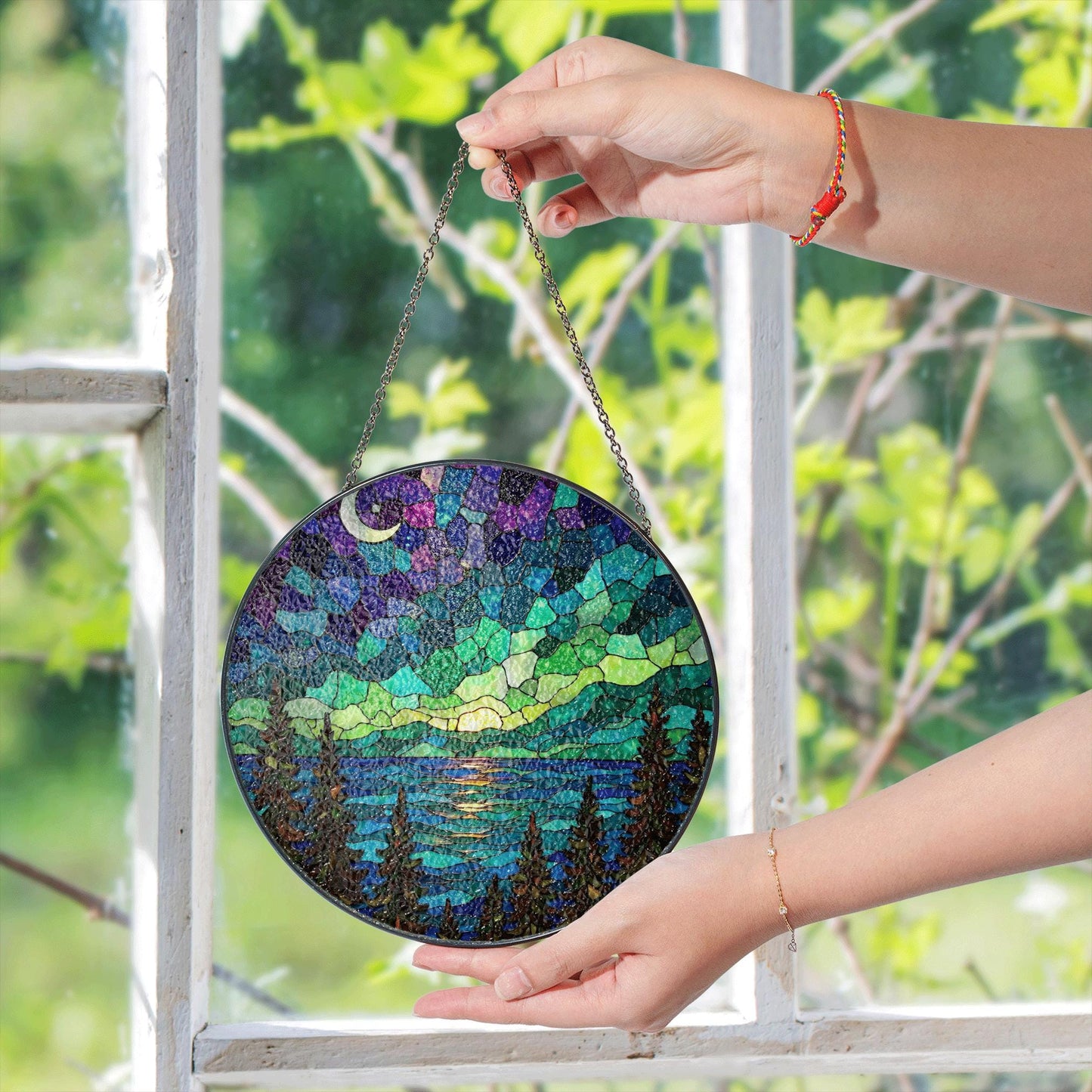 Northern Lights Stained Glass Suncatcher Nature Landscape Gift for Her