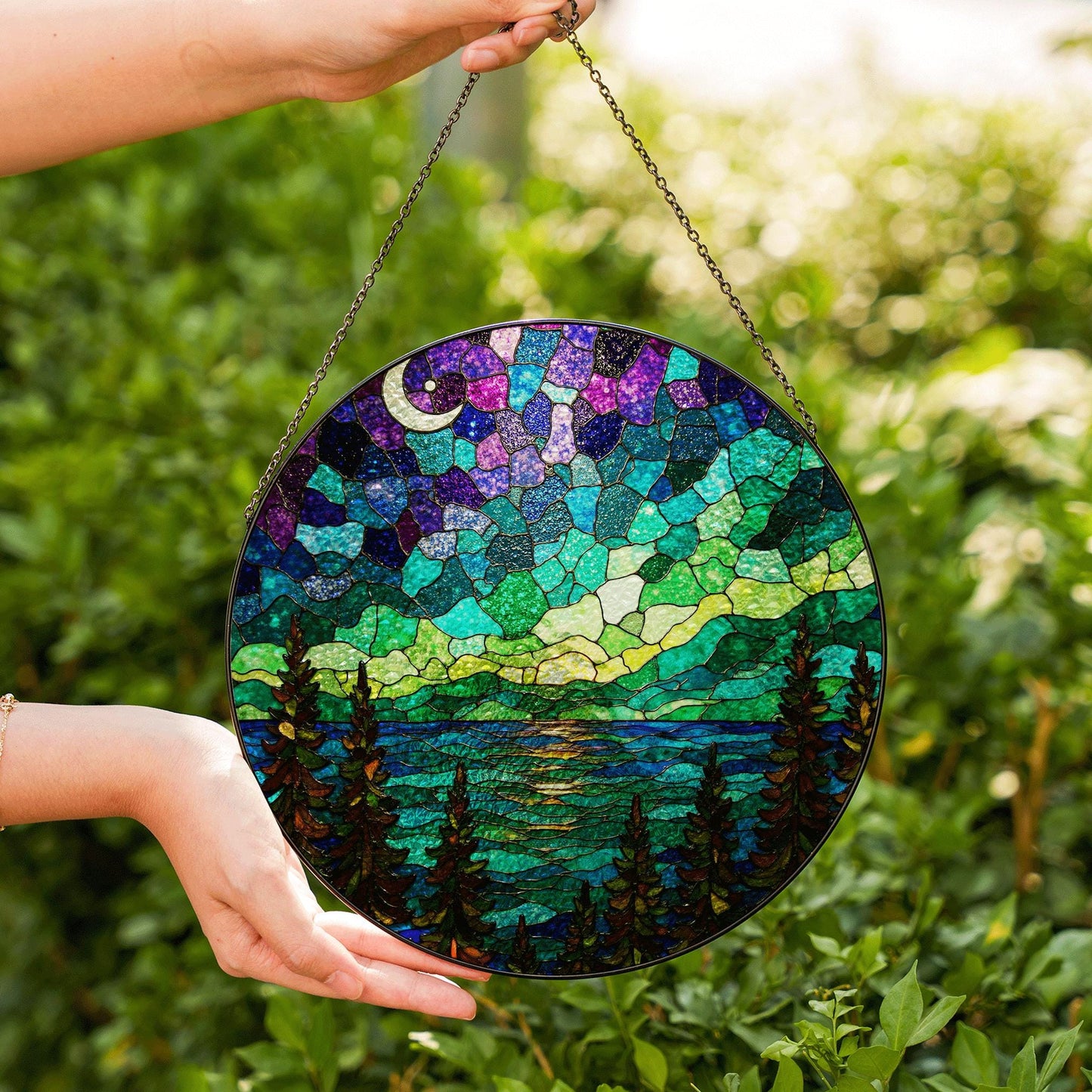 Northern Lights Stained Glass Suncatcher Nature Landscape Gift for Her