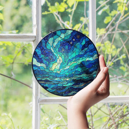 Stained Glass Suncatcher Blue Waves Ocean Gift for Nature Lovers Home Decor