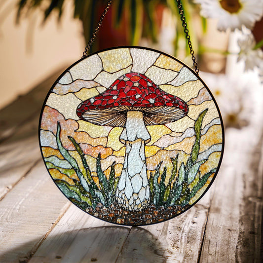Stained Glass Mushroom Suncatcher Red Cap Mushroom Window Hanging Art Gift for Nature Lovers