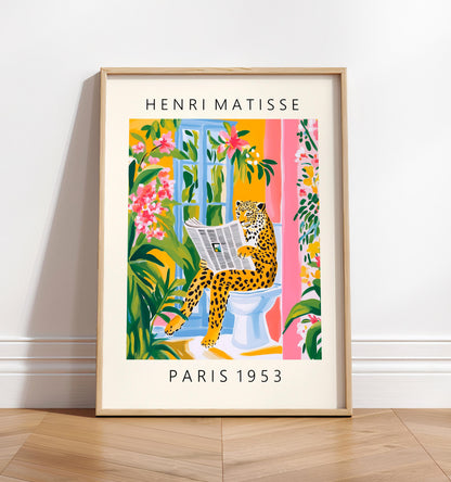 Funny Leopard Bathroom Art Print: Matisse Style Floral Decor
