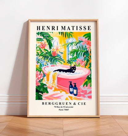 Matisse Cat in Bathtub Print: Pink Floral Bathroom Art