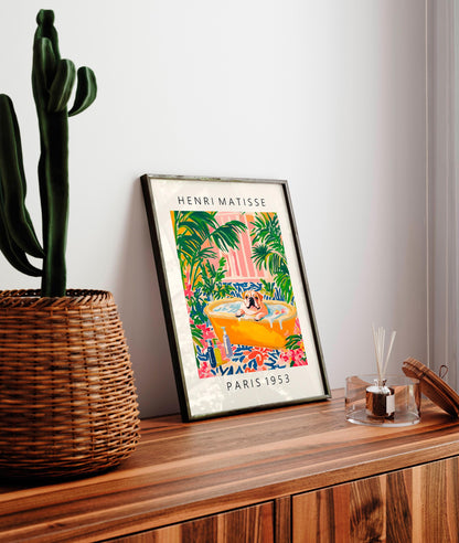 English Bulldog Art Print: Matisse Style Floral Bathroom Decor