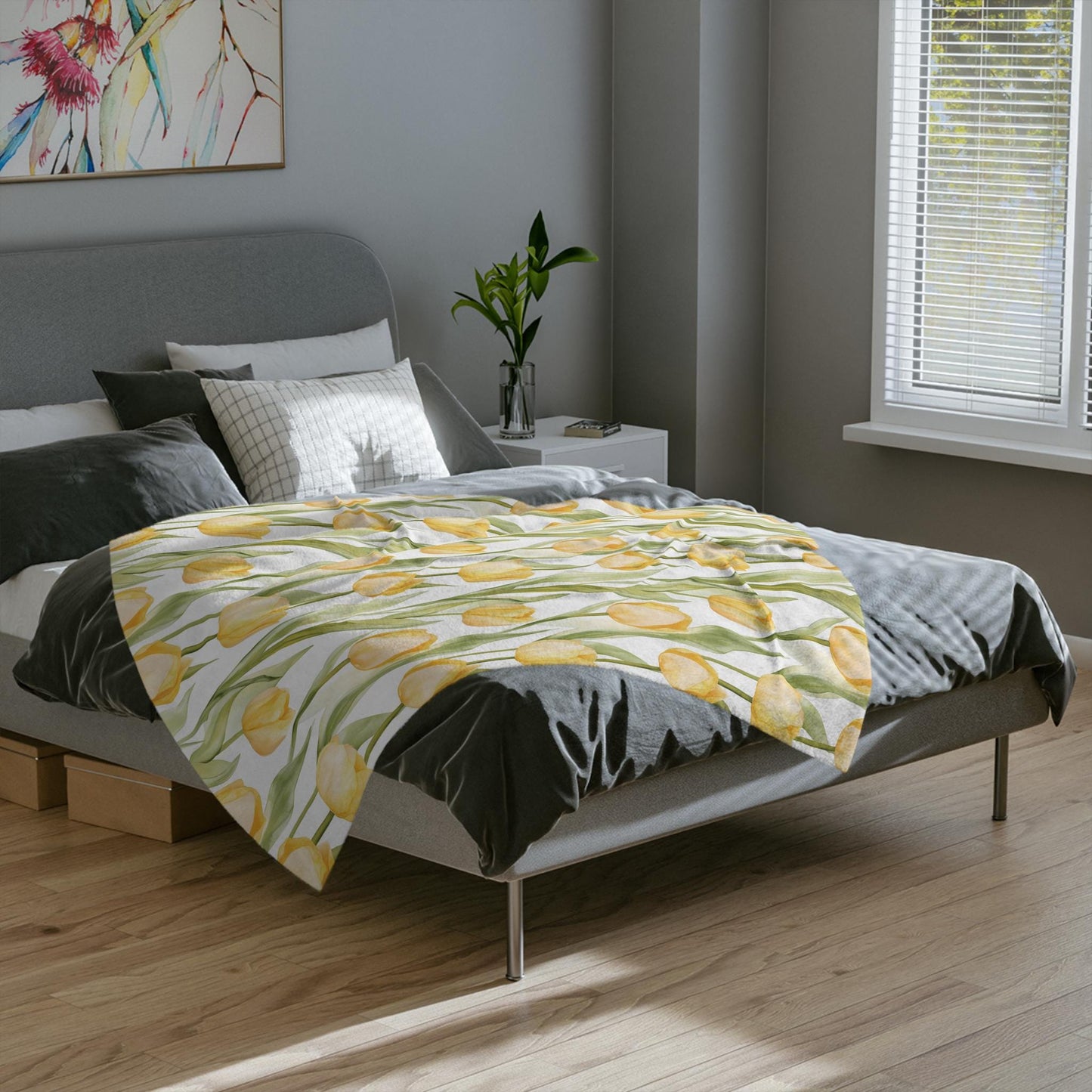Spring Tulip Blanket Yellow Flowers Fleece Throw Floral Easter Home Decor Botanical Lap Blanket Nursery Decor Nesting Party Baby Shower Gift