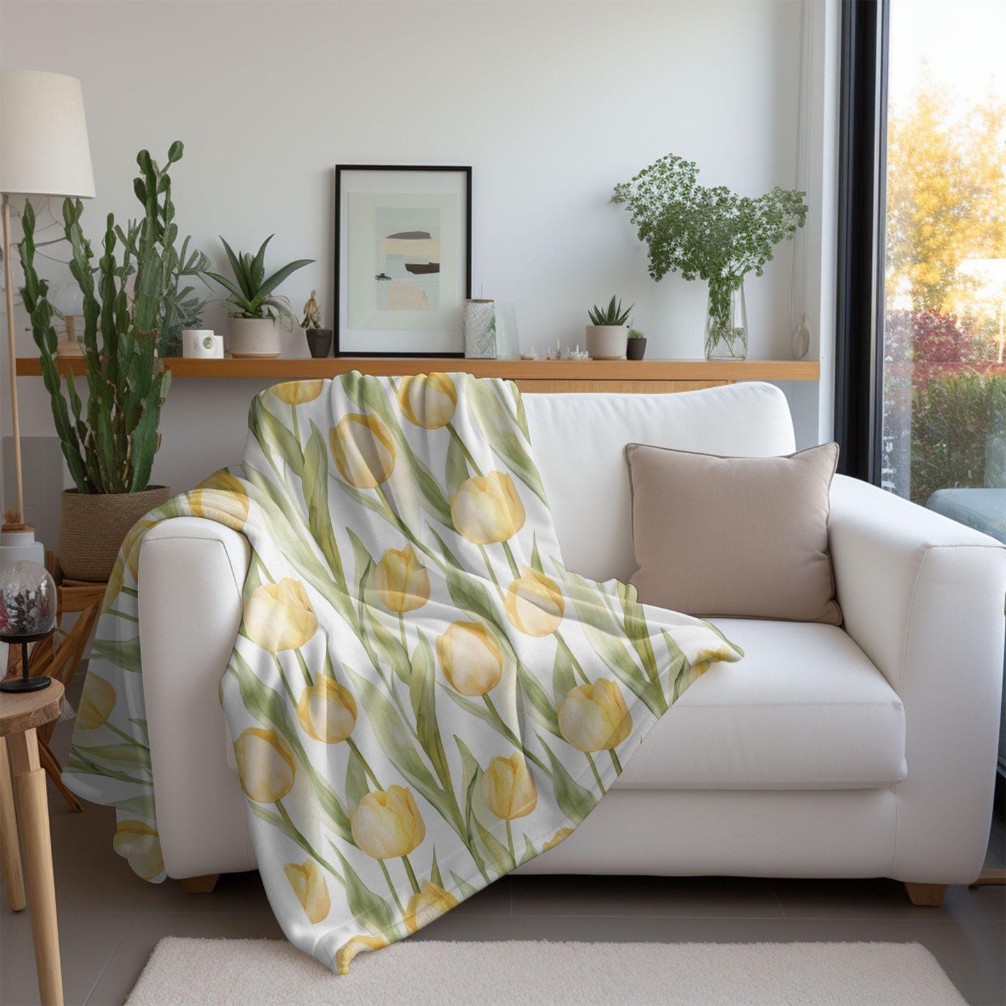 Spring Tulip Blanket Yellow Flowers Fleece Throw Floral Easter Home Decor Botanical Lap Blanket Nursery Decor Nesting Party Baby Shower Gift