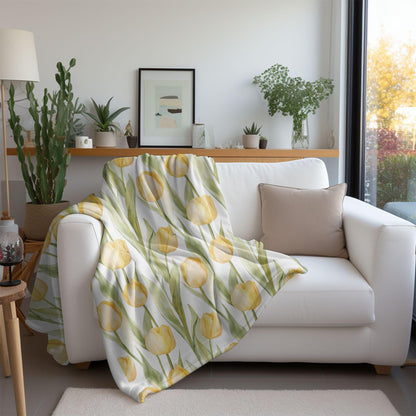 Spring Tulip Blanket Yellow Flowers Fleece Throw Floral Easter Home Decor Botanical Lap Blanket Nursery Decor Nesting Party Baby Shower Gift
