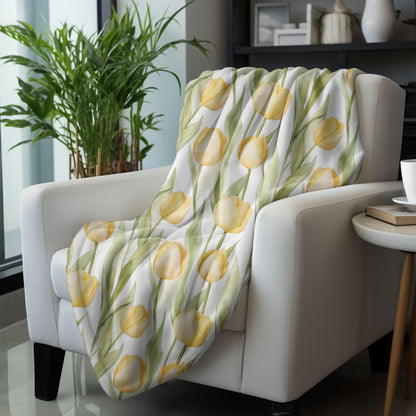 Spring Tulip Blanket Yellow Flowers Fleece Throw Floral Easter Home Decor Botanical Lap Blanket Nursery Decor Nesting Party Baby Shower Gift